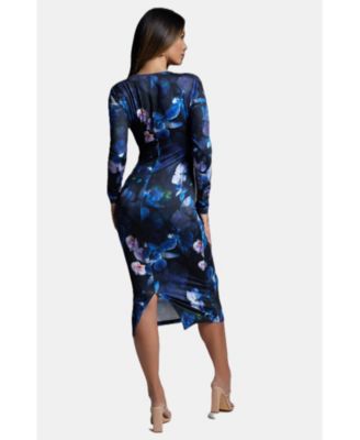 Women's Tie Waist Printed Midi Knit Dress