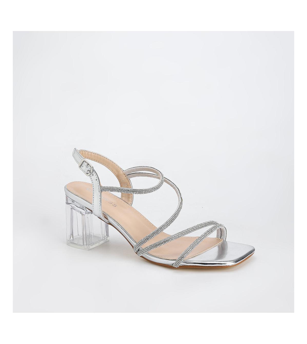 Hera Rhinestone Strappy Clear Heel Sandals - Silver