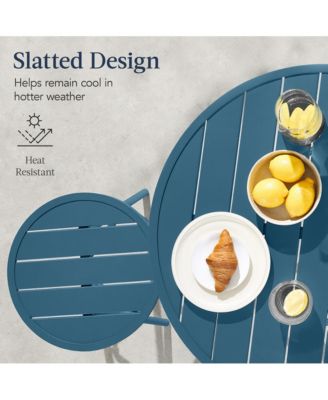 3-Piece Steel Patio Bar Height Round Bistro Set w/ Backless Stools, Slatted Design