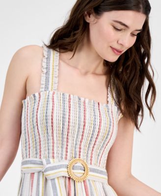 Women's Striped Smocked-Bodice Tiered Dress