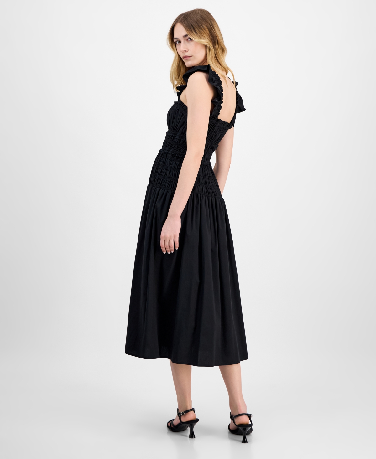 Anne Klein Smocked Ruffle Trim Midi Dress In Black
