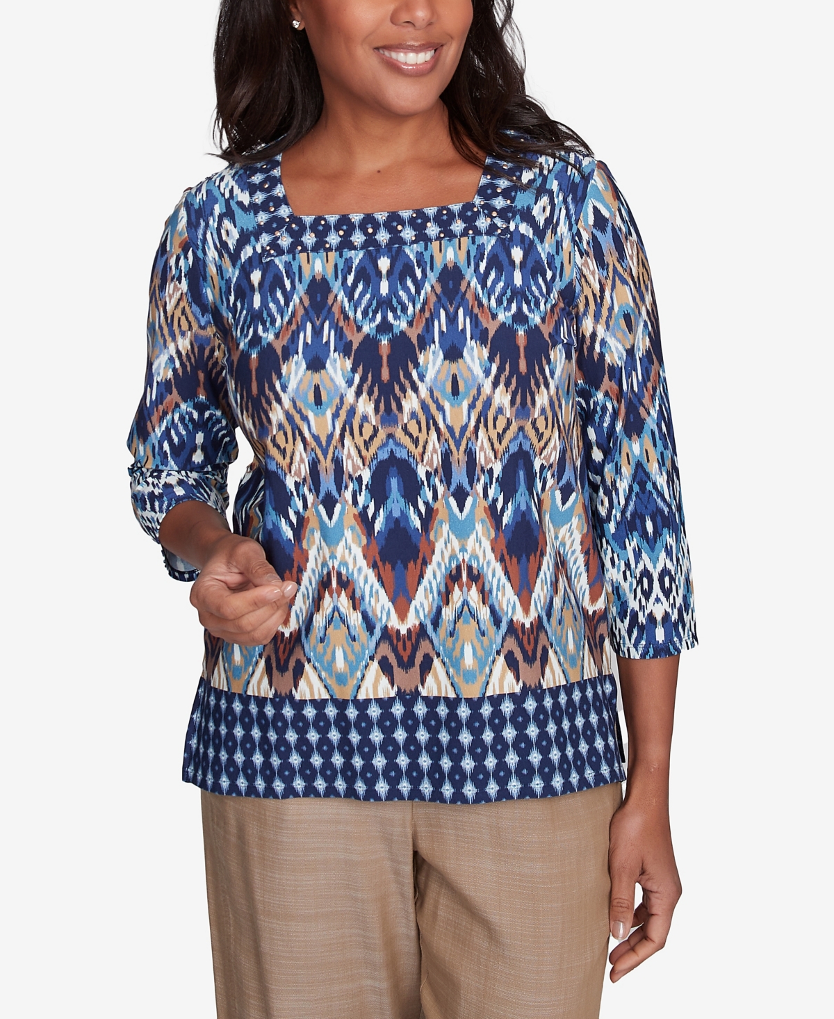 Alfred Dunner Plus Size Summer Solstice Ikat Diamond Border Square Neck Top In Navy Multi