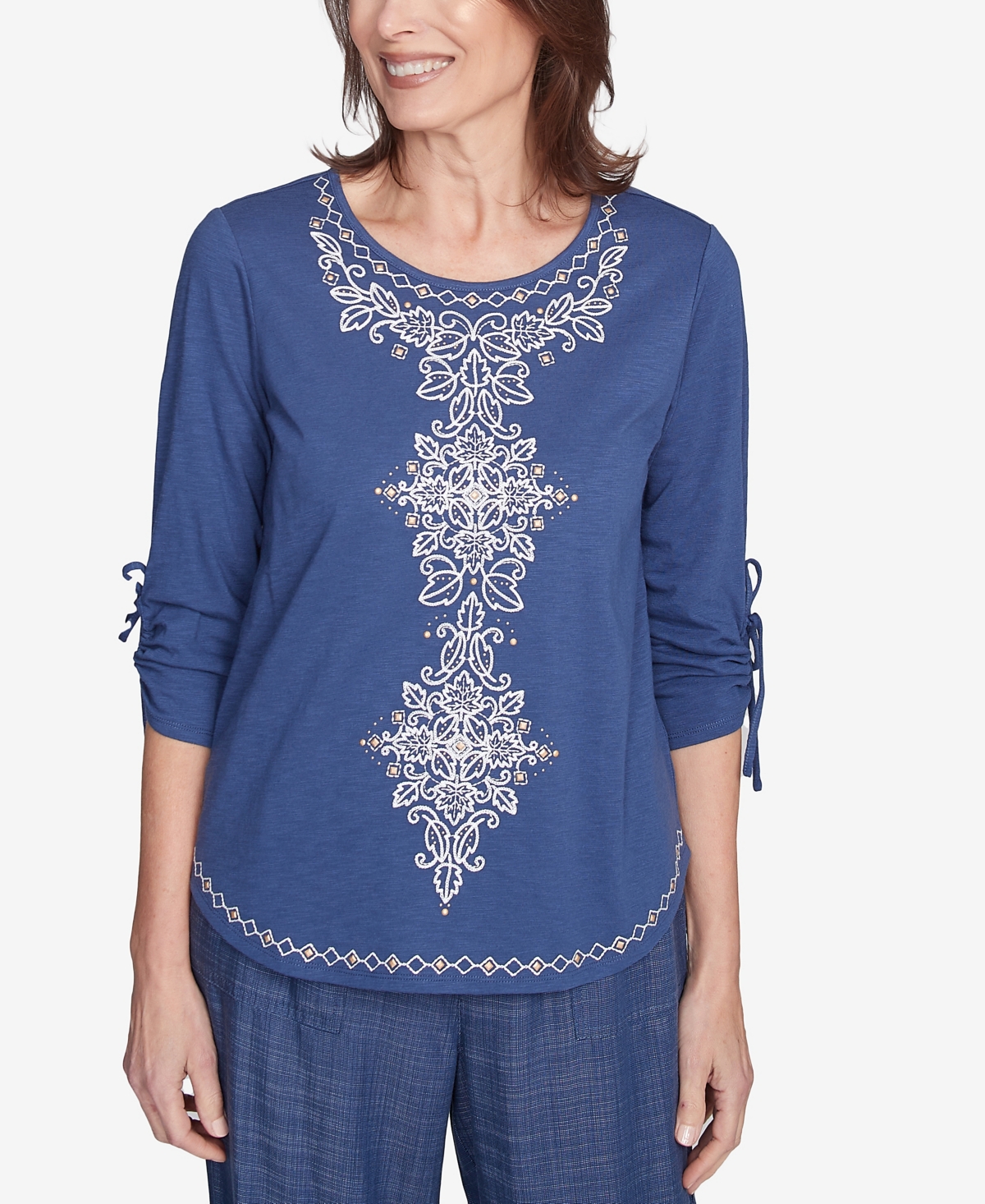 Alfred Dunner Plus Size Summer Solstice Embroidery Centered Tie Sleeve Top In Blueberry