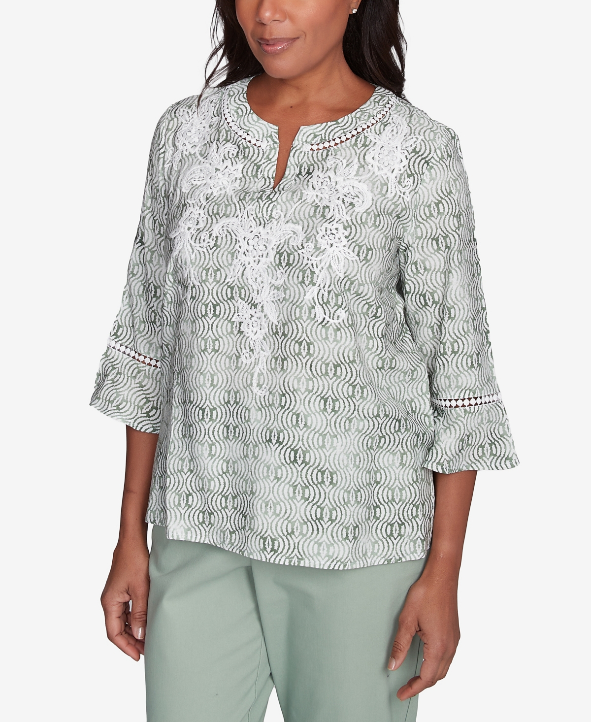 Alfred Dunner Plus Size Santa Fe Embroidered Geometric Flare Sleeve Top In Aloe