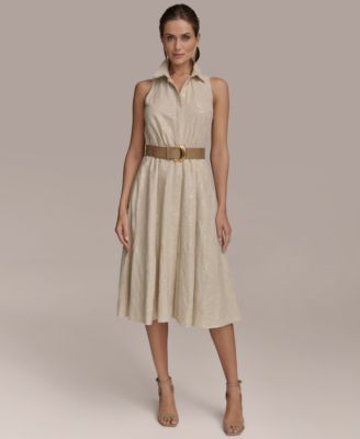 Women's Sequin Embellished Linen Belted Shirtdress