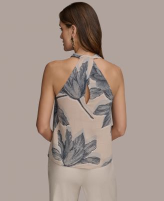 Женская блузка с V-образным вырезом и принтом без рукавов от Donna Karan New York