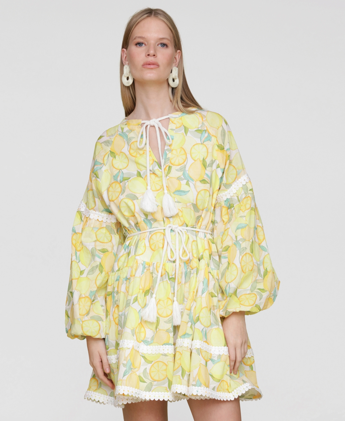 Avec Les Filles Women's Cotton Lemon-print Split-neck Prairie Mini Dress