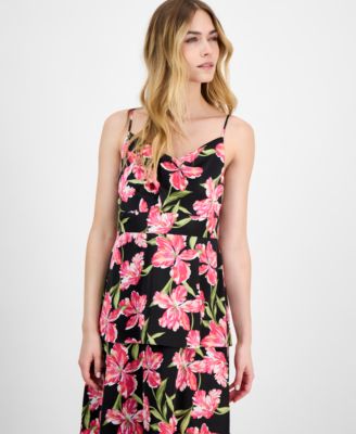 Women's Printed Satin Tiered Cowlneck Maxi Dress