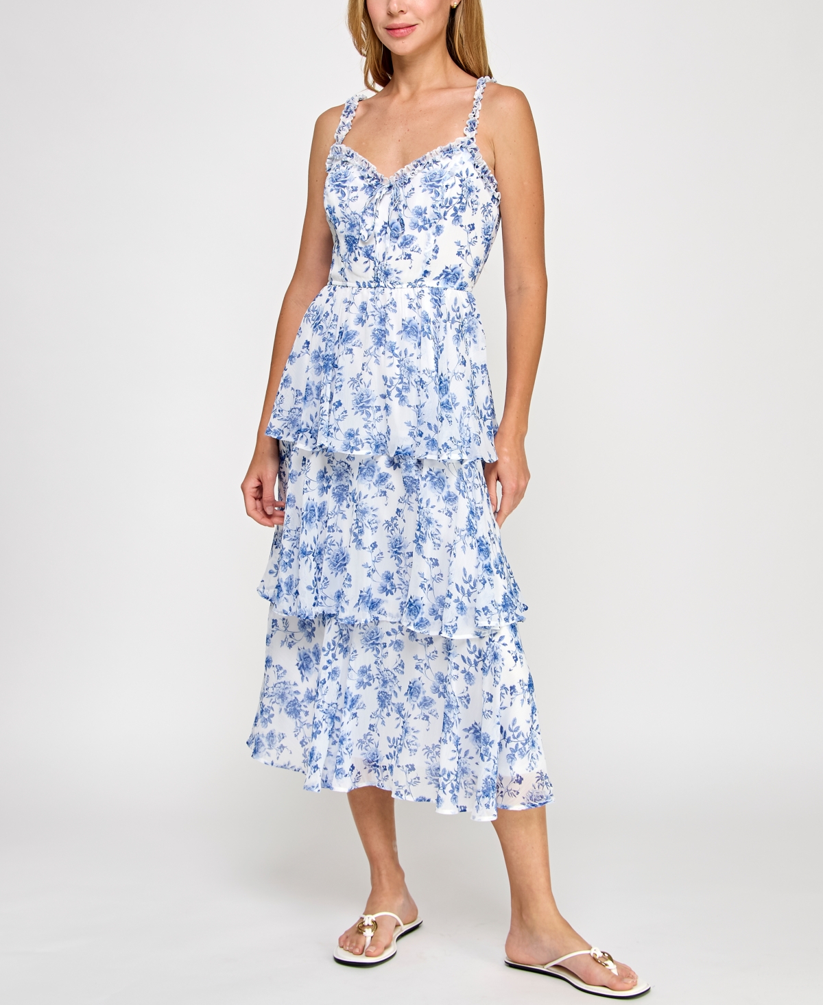 Juniors' Tiered Floral-Print Midi Dress - White Blue Floral