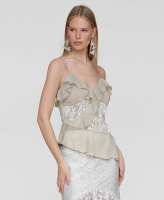 Women's Ruffle Lace-Panel Asymmetric Top