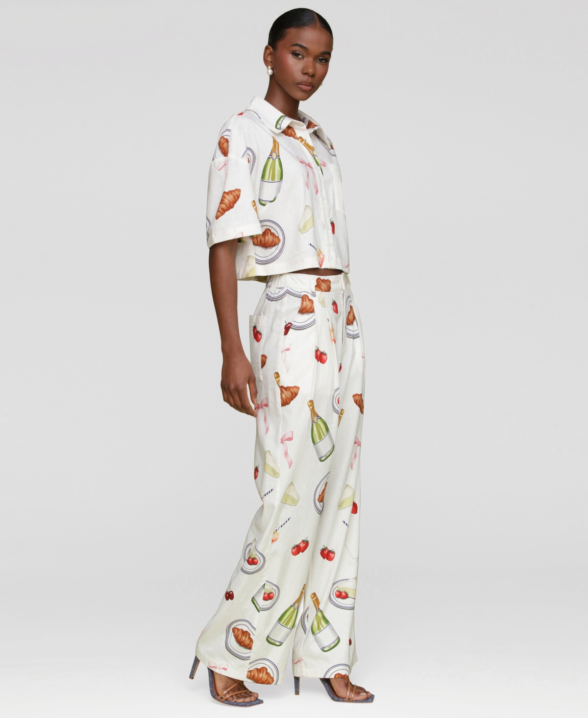Avec Les Filles Womens Printed Button Front Camp Shirt Wide Leg Pants In White
