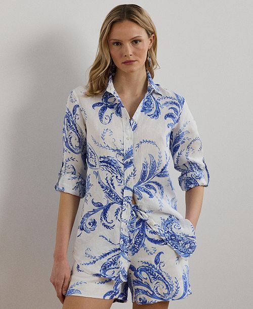 alfani Lauren Ralph Lauren Women's Relaxed-Fit Paisley 100% Linen Shirt Women's Fashion Shoes & Accessories