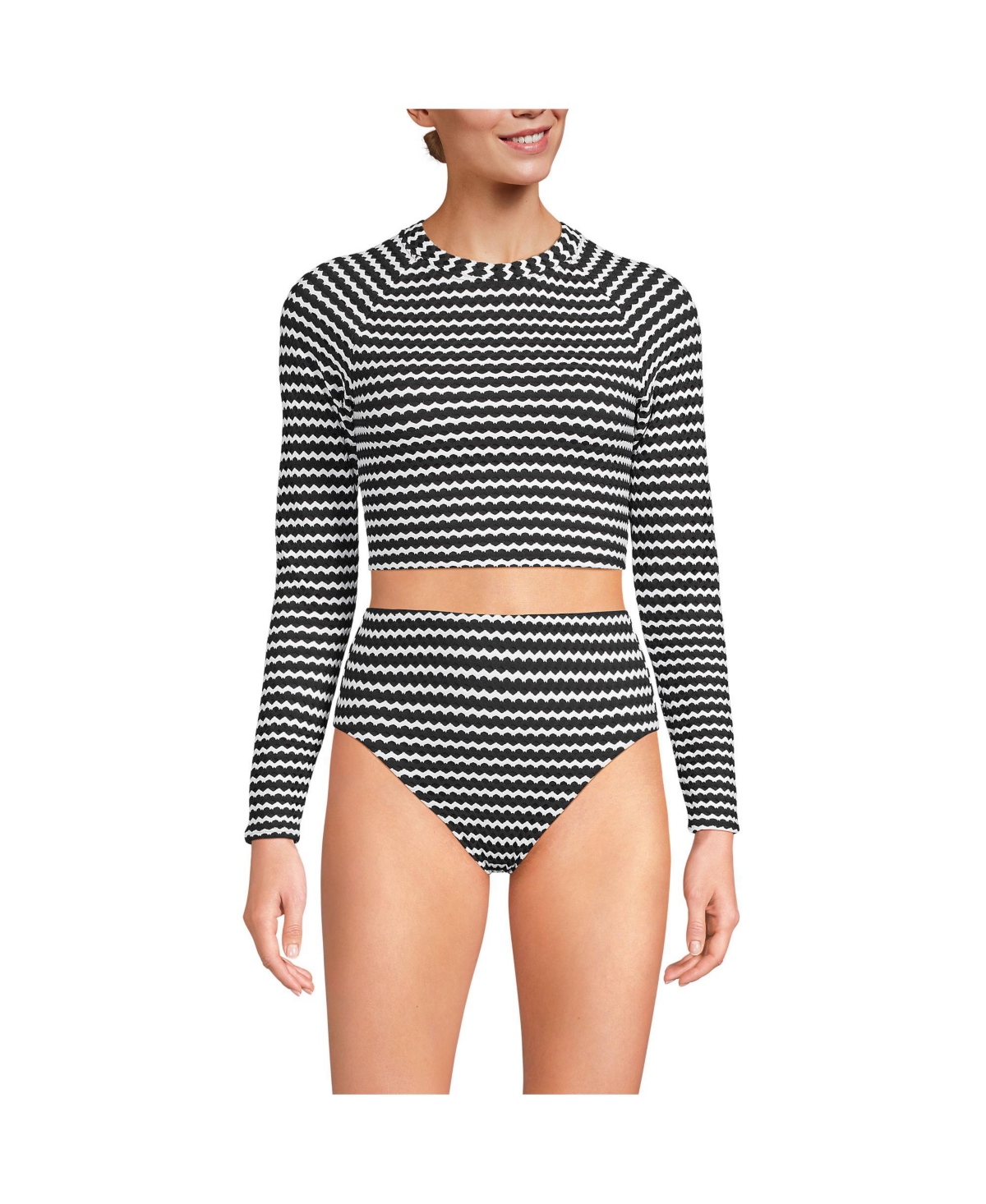 Women's Crochet Long Sleeve Bikini Top and High Waisted Bottoms Swimsuit Set - Black/white