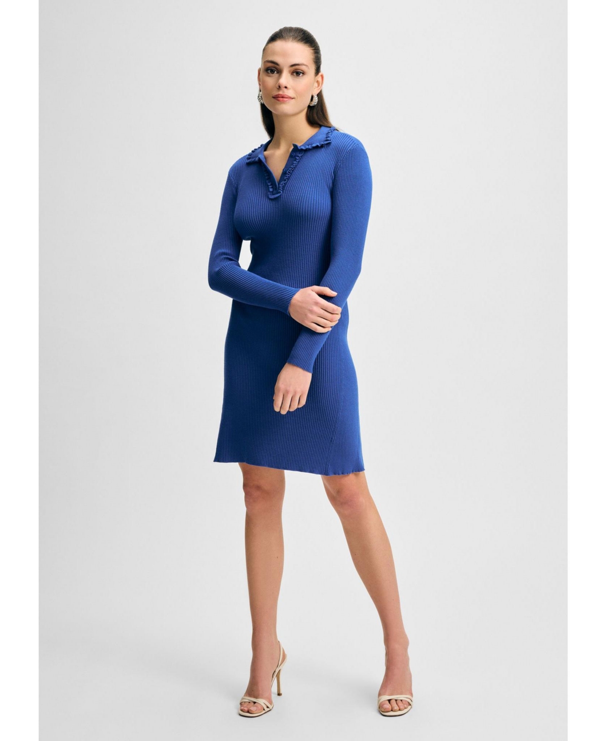 Women's Ruffle Collar Sweater Henley Dress - Blue