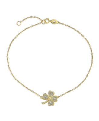 Lucky Charm Clover Anklet Ankle Bracelet CZ Pave Accent .925 Sterling Silver Adjustable