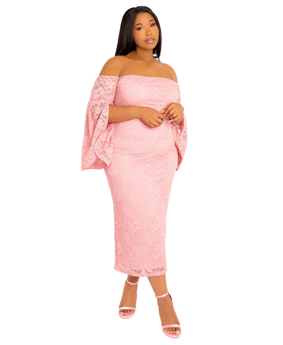 Plus Size Off Shoulder Lace Midi Dress - Mauve