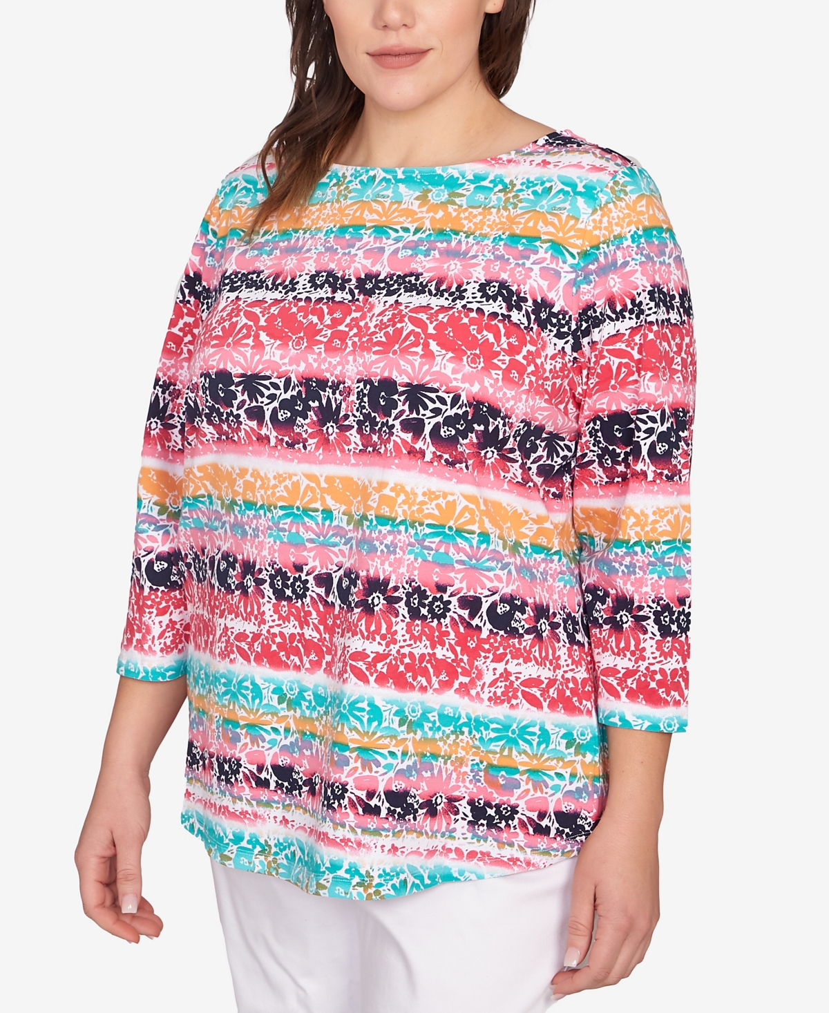 Ruby Rd. Plus Size Watercolor Floral Stripe Top In Watermelon Multi