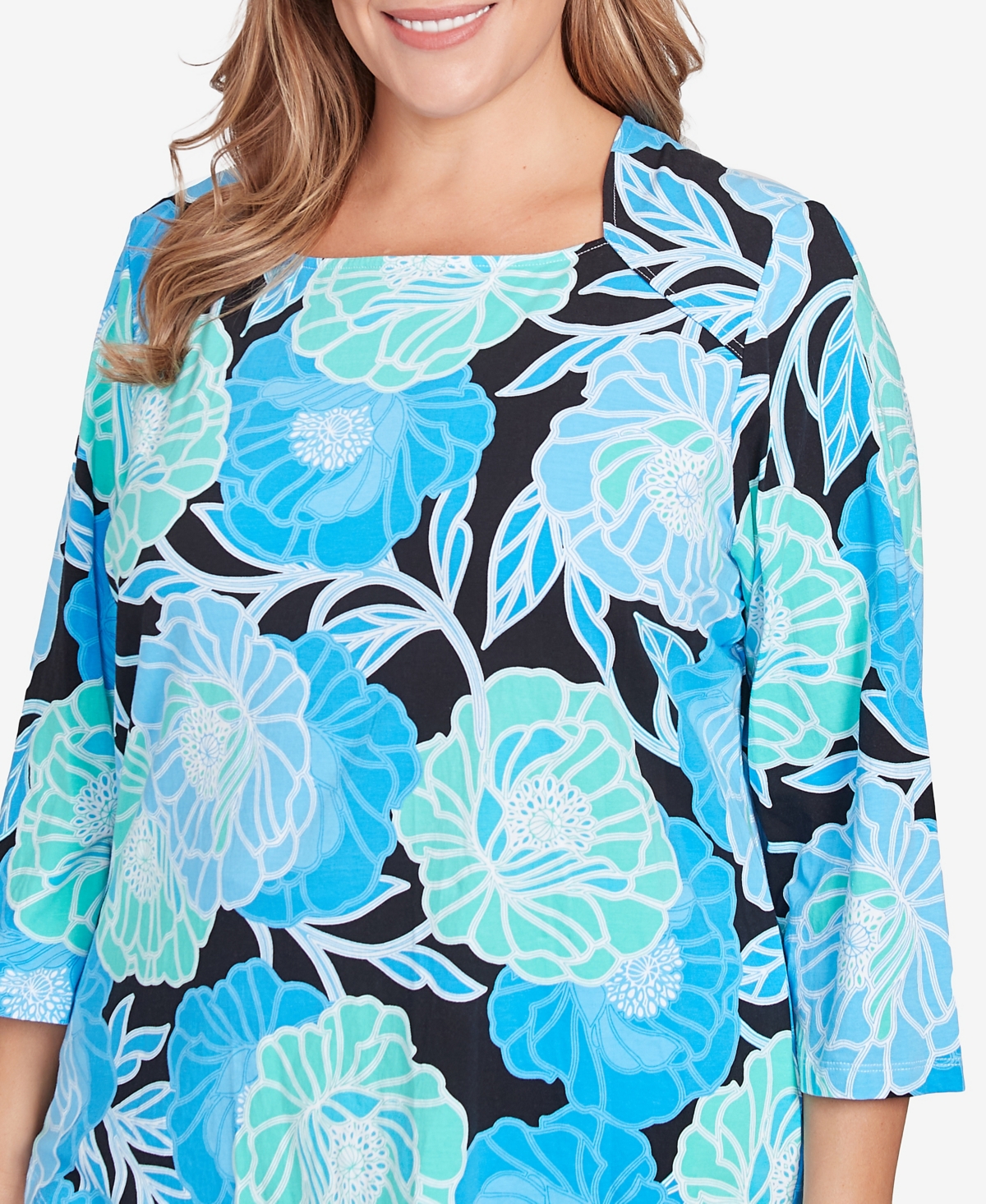 Ruby Rd. Plus Size Bold Poppies Envelope Neck Top In Lagoon Multi