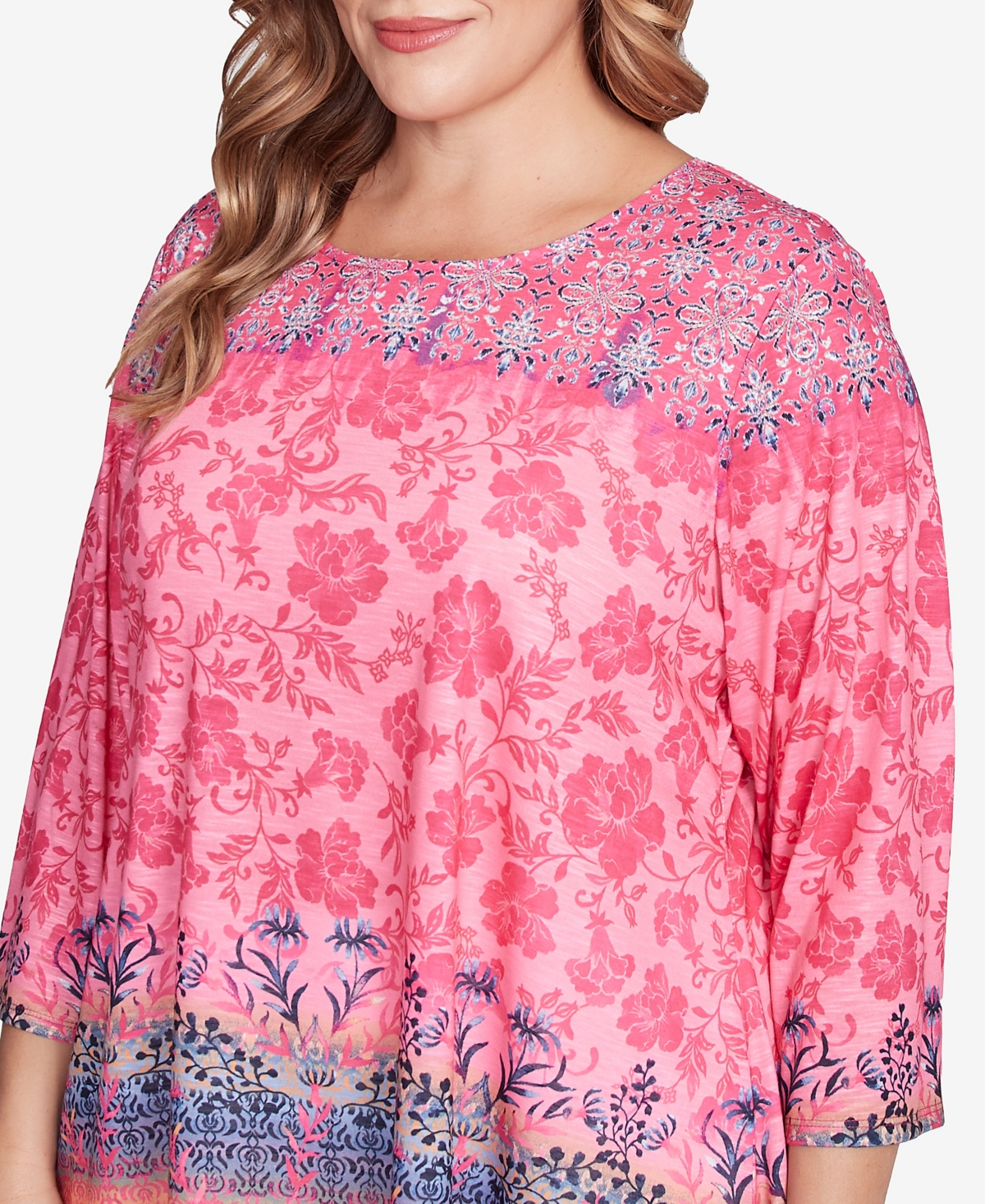 RUBY RD. PLUS SIZE FLORAL OMBRE BORDER SUBLIMATION KNIT TOP 