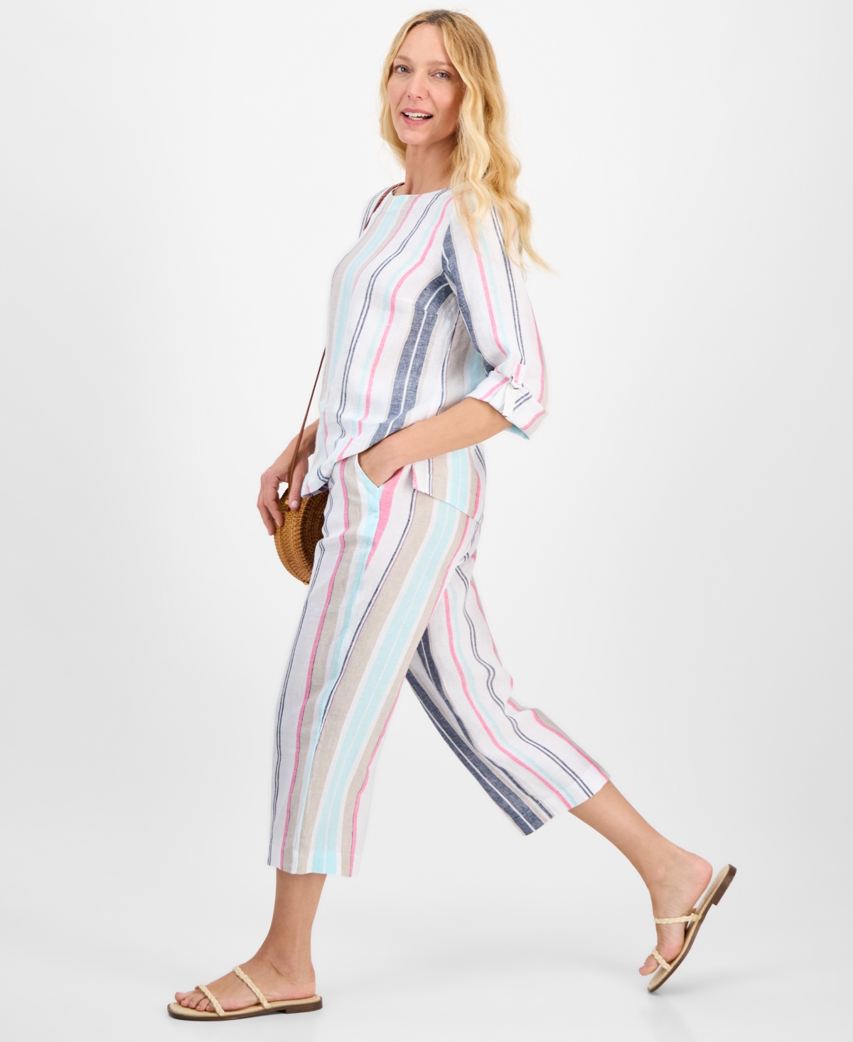 CHARTER CLUB WOMEN'S STRIPED 100% LINEN CROPPED PANTS, EXCLUSIVELY AT MACY'S 