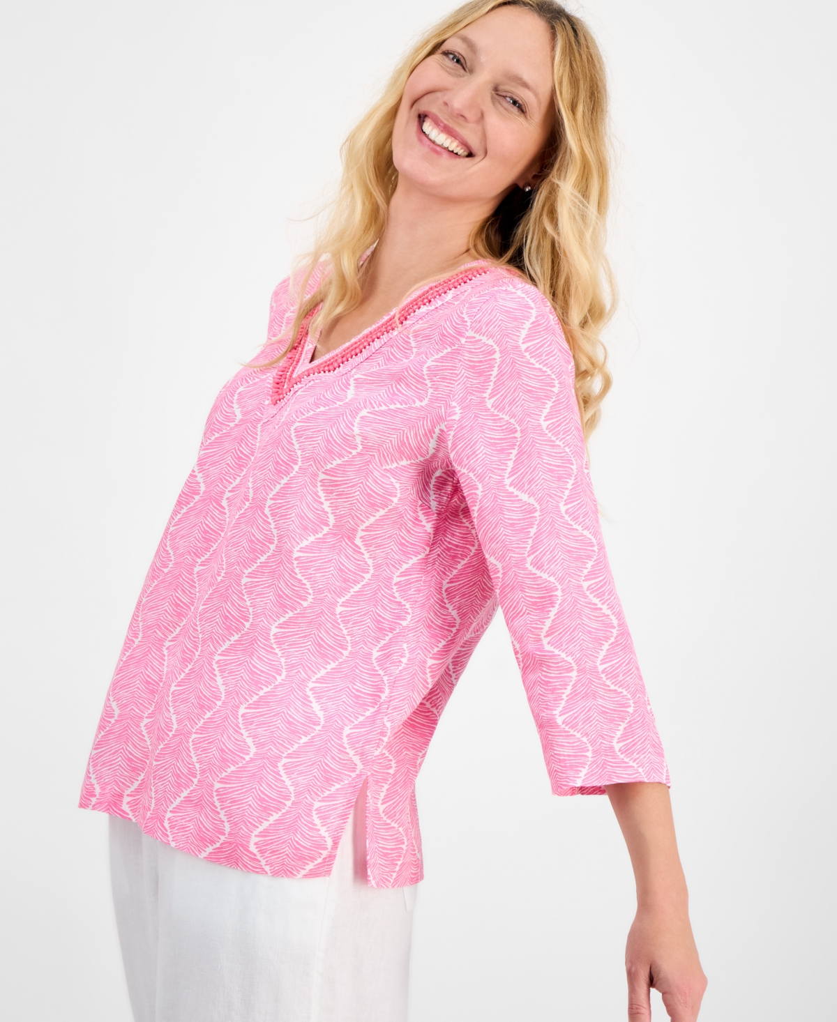 CHARTER CLUB WOMEN'S PRINTED 100% LINEN EMBELLISHED TOP, EXCLUSIVELY AT MACY'S 