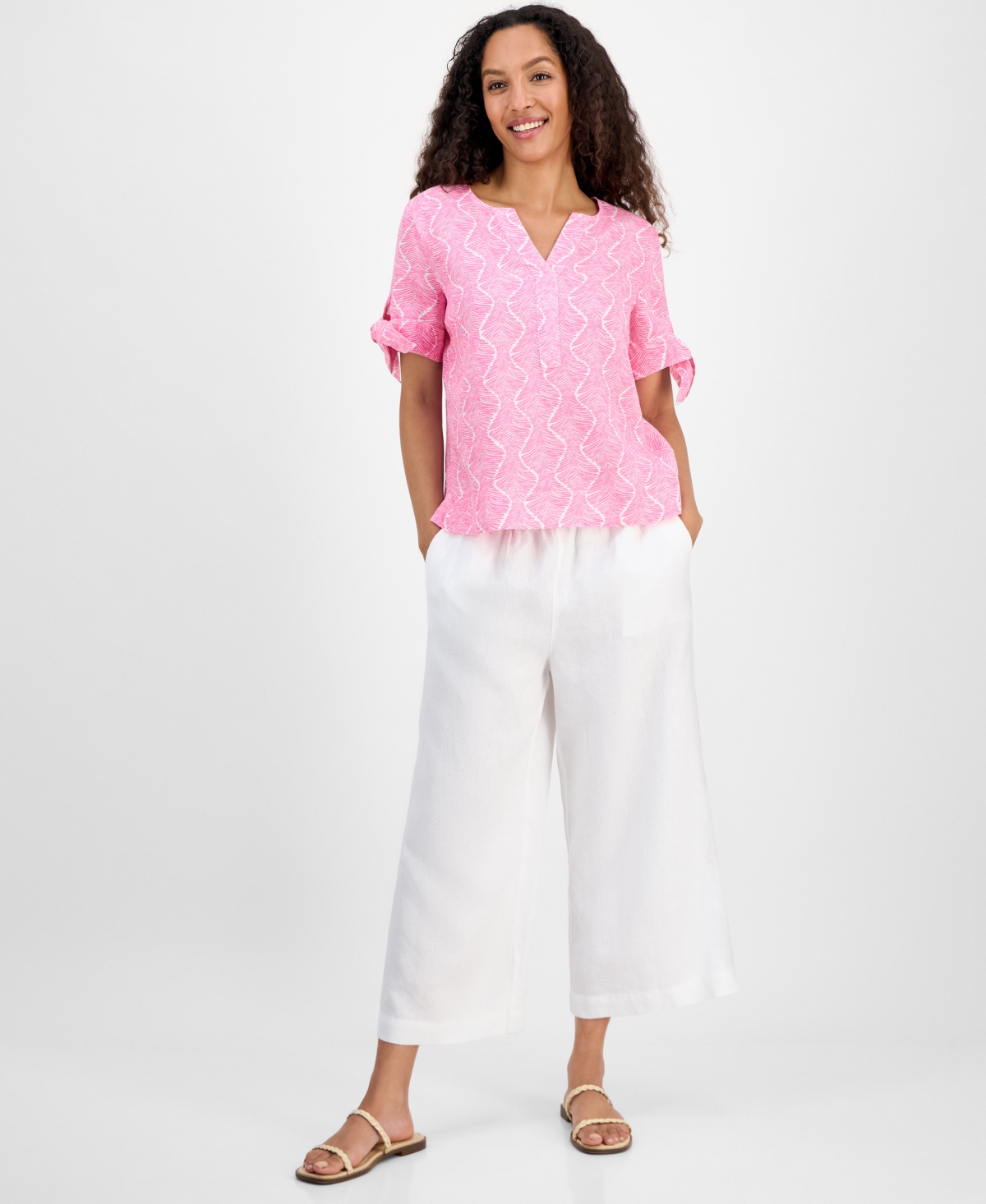 CHARTER CLUB WOMEN'S LINEN PRINTED TIE-CUFF BLOUSE, EXCLUSIVELY AT MACY'S 