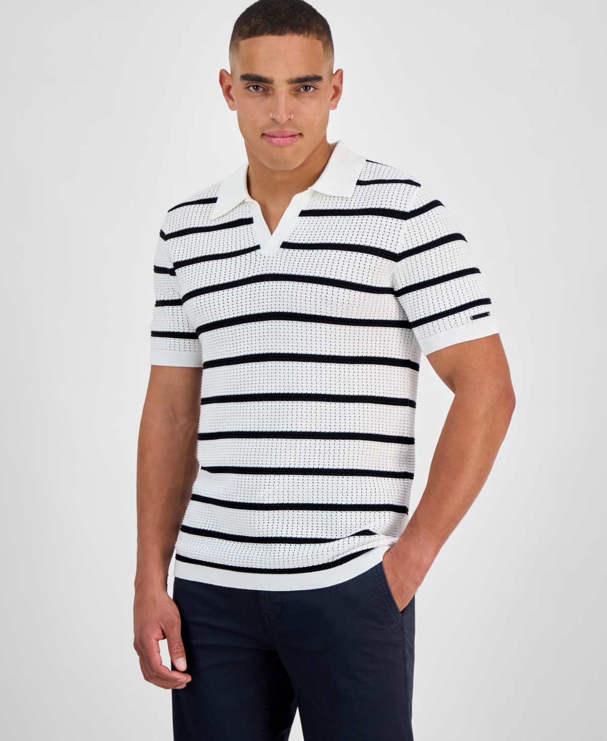 Karl Lagerfeld Striped Open Collar Polo Shirt In White