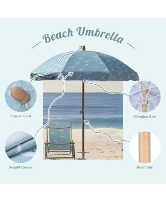 Our Beach Portable Umbrella for Sand Beech Wood Pole Carry Bag with Printed Seagull Cute Garden Parasol