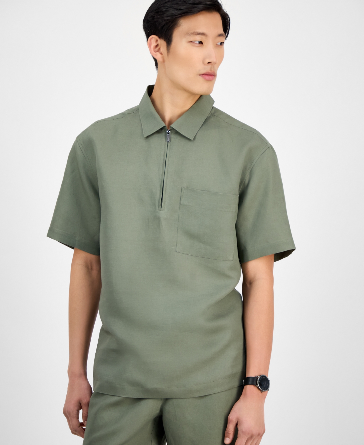 Men's Quarter-Zip Linen Shirt, Exclusively at Macy's - Dusty Olive