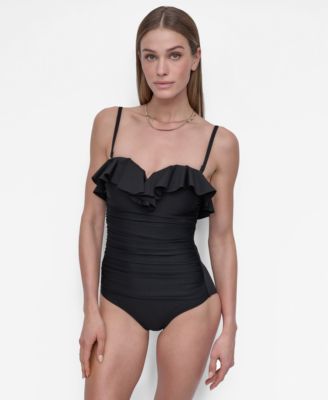 Женский цельный купальник DKNY с оборками и вырезом-бандо для контроля объема живота 