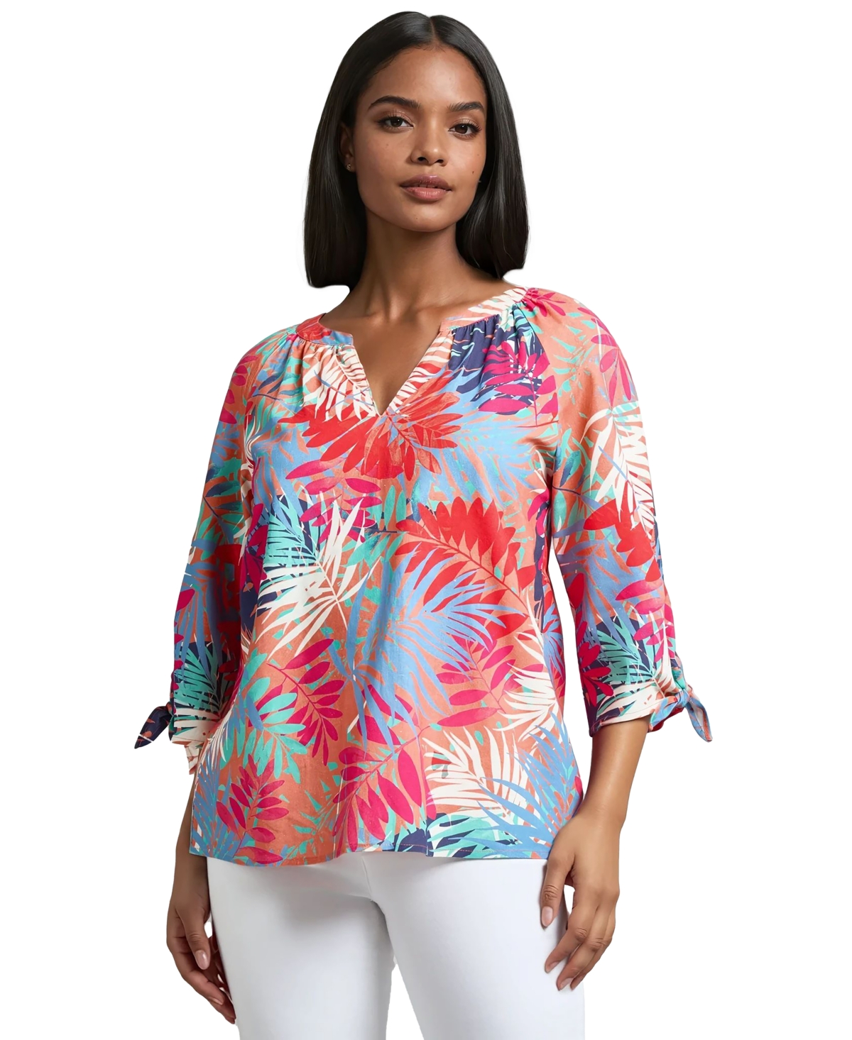 Jones New York Leaf Print Linen Blend Popover Top In Multi