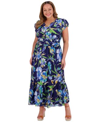 Макси-платье с завышенной талией и рукавами-пузырями с принтом London Times Plus Size