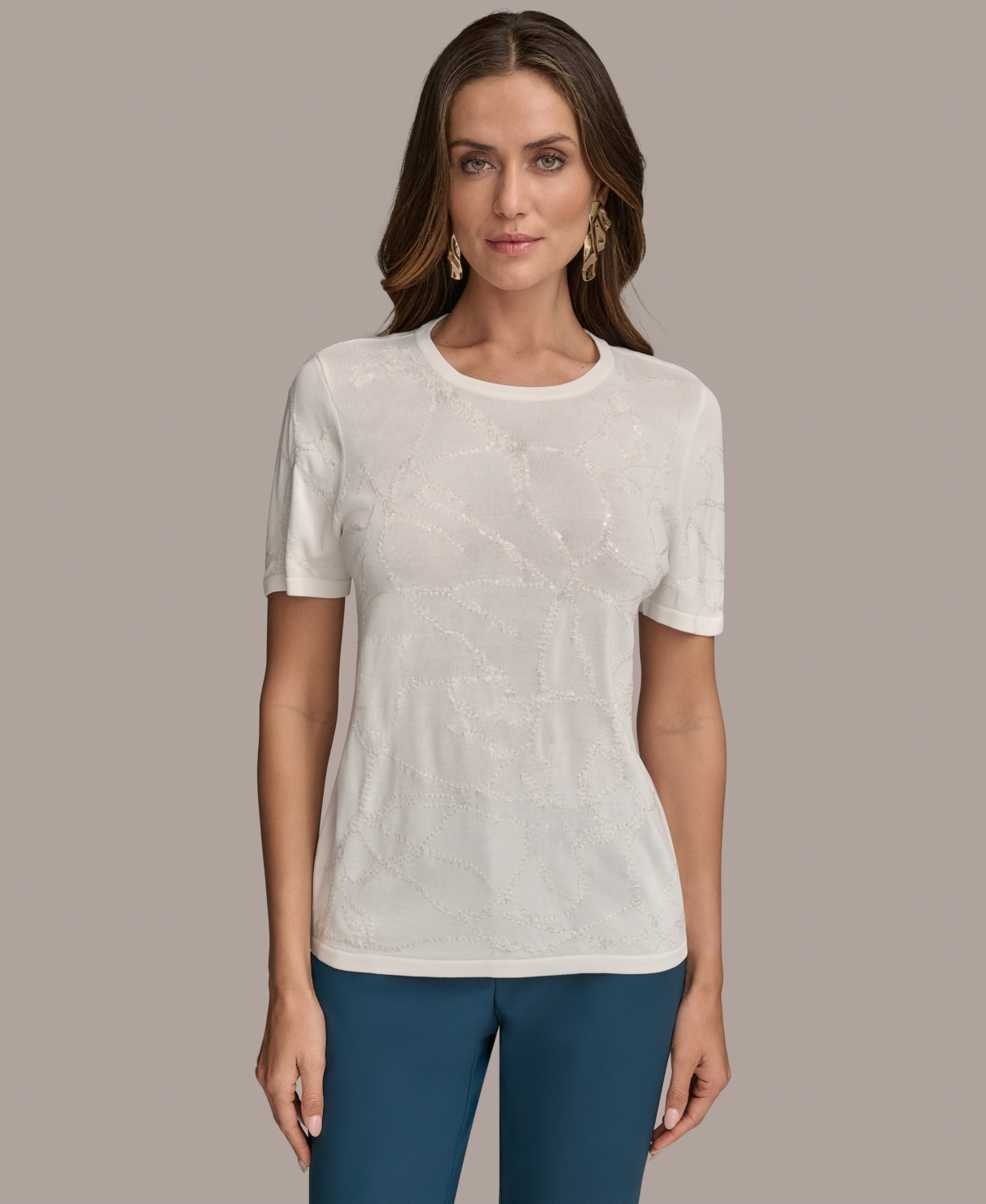 Women's Short-Sleeve Sequin Detail Sweater - Cream