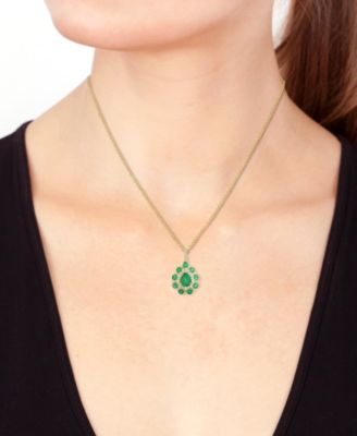 EFFY&reg; Emerald (2 ct. t.w.) & Diamond (3/8 ct. t.w.) Pear Halo 18" Pendant Necklace in 14k Gold