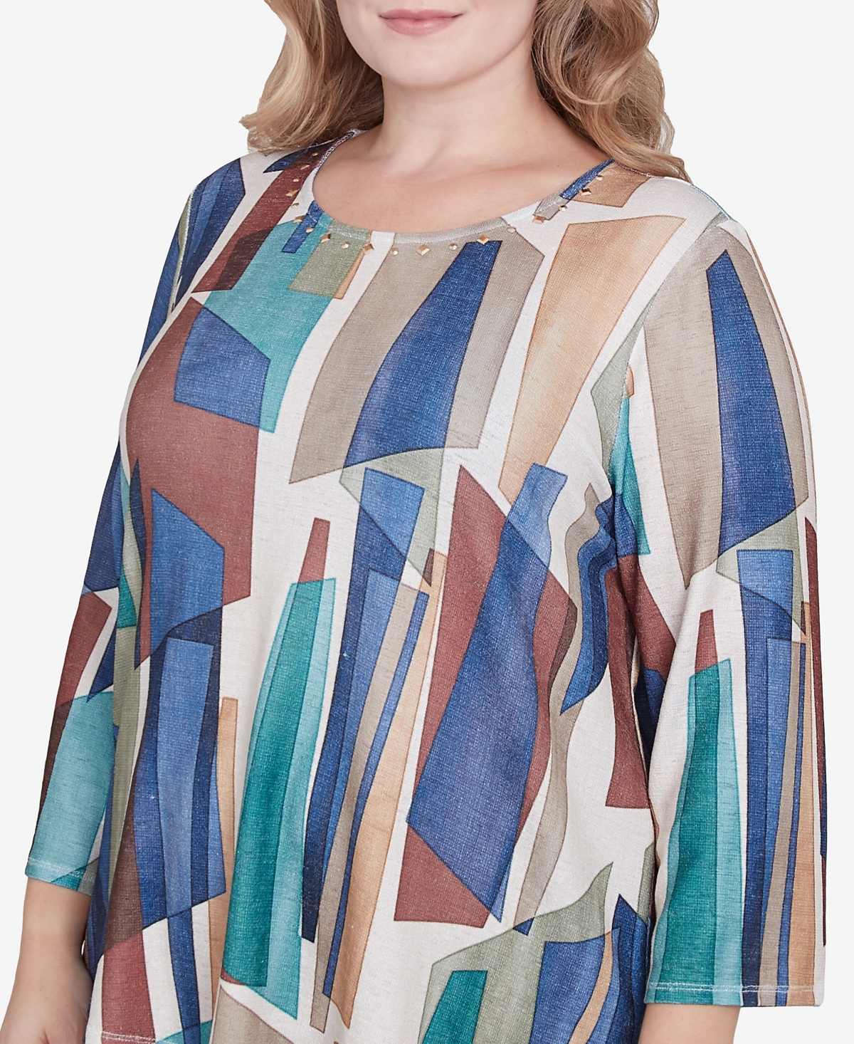 Alfred Dunner Plus Size Summer Solstice Abstract Stained Glass Crew Neck Top In Navy Multi