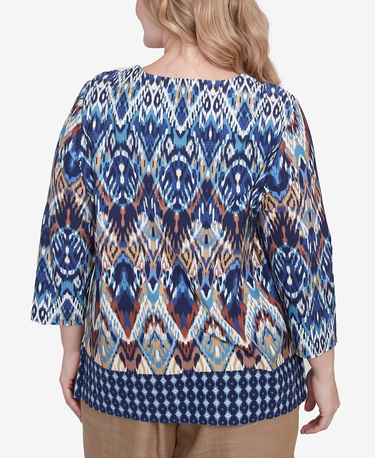 Alfred Dunner Plus Size Summer Solstice Ikat Diamond Border Square Neck Top In Navy Multi