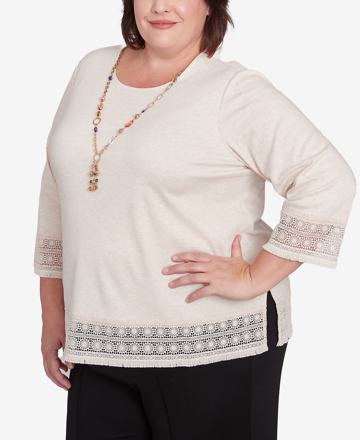 Alfred Dunner Plus Size Summer Solstice Lace Trimmed Knit Top With Necklace In Oatmeal