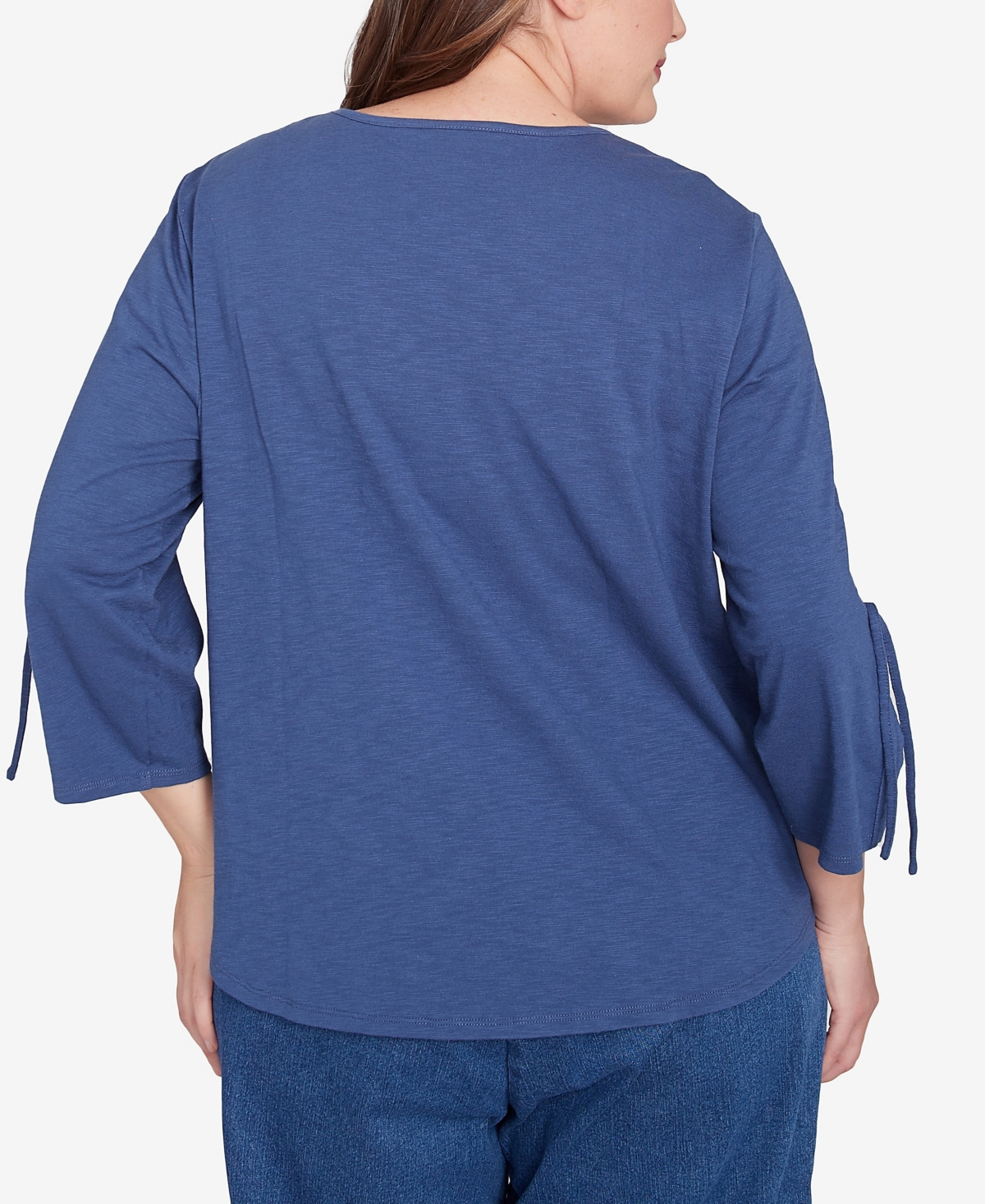 Alfred Dunner Plus Size Summer Solstice Embroidery Centered Tie Sleeve Top In Blueberry