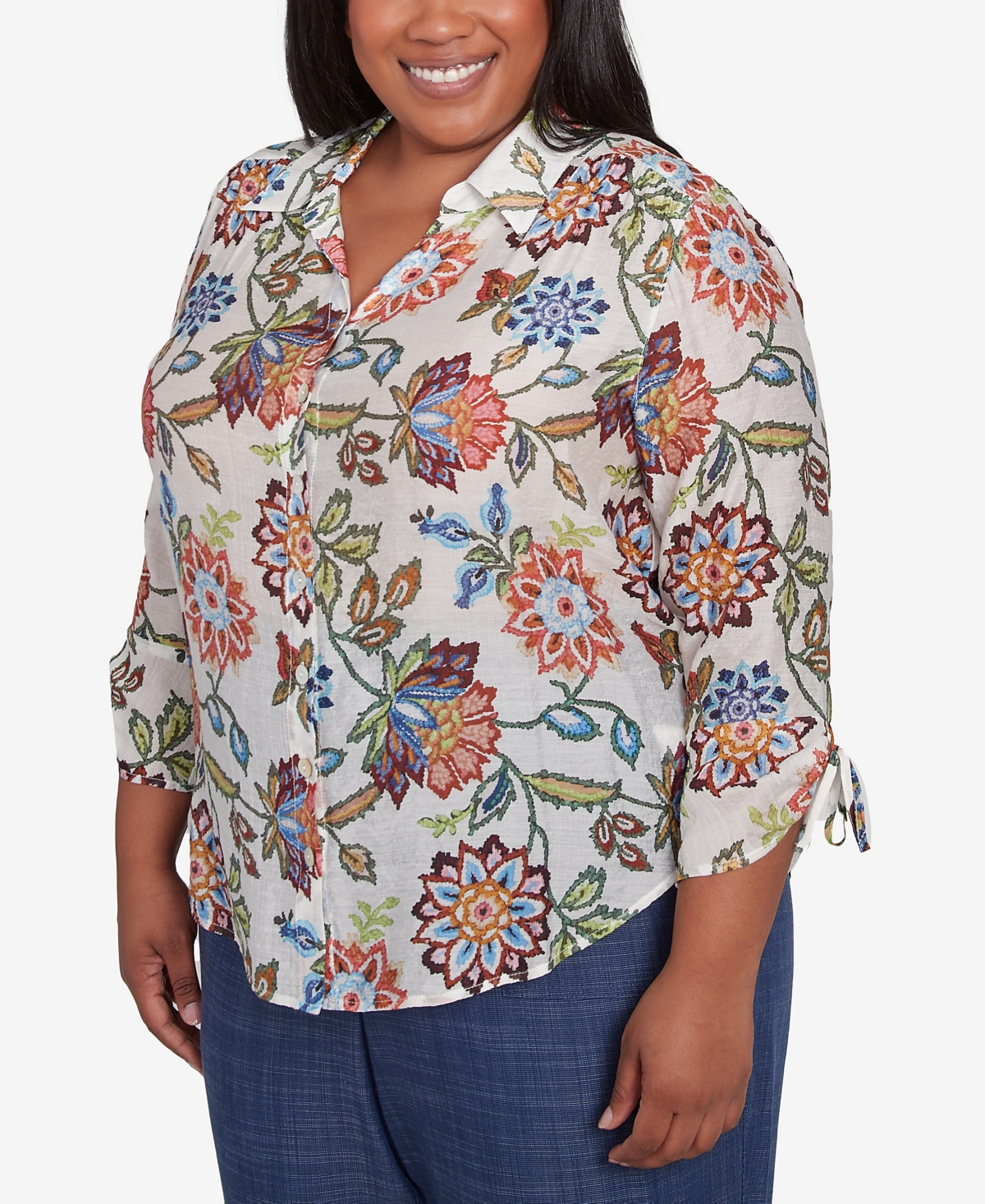 Alfred Dunner Plus Size Summer Solstice Batik Floral Button Front Top In Neutral Multi