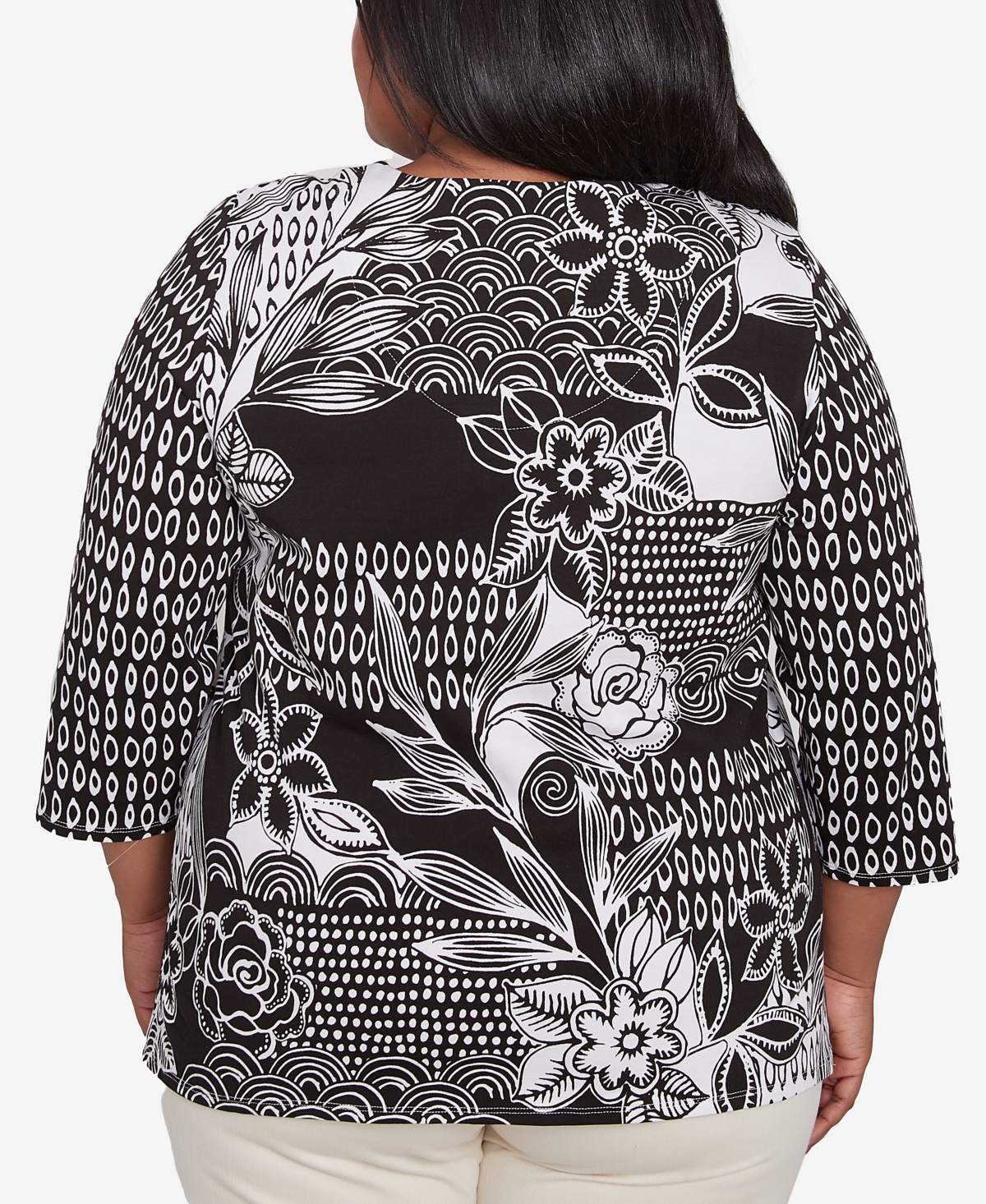 Alfred Dunner Plus Size Natural Instinct Monotone Patch Beaded Split Neck Top In Black