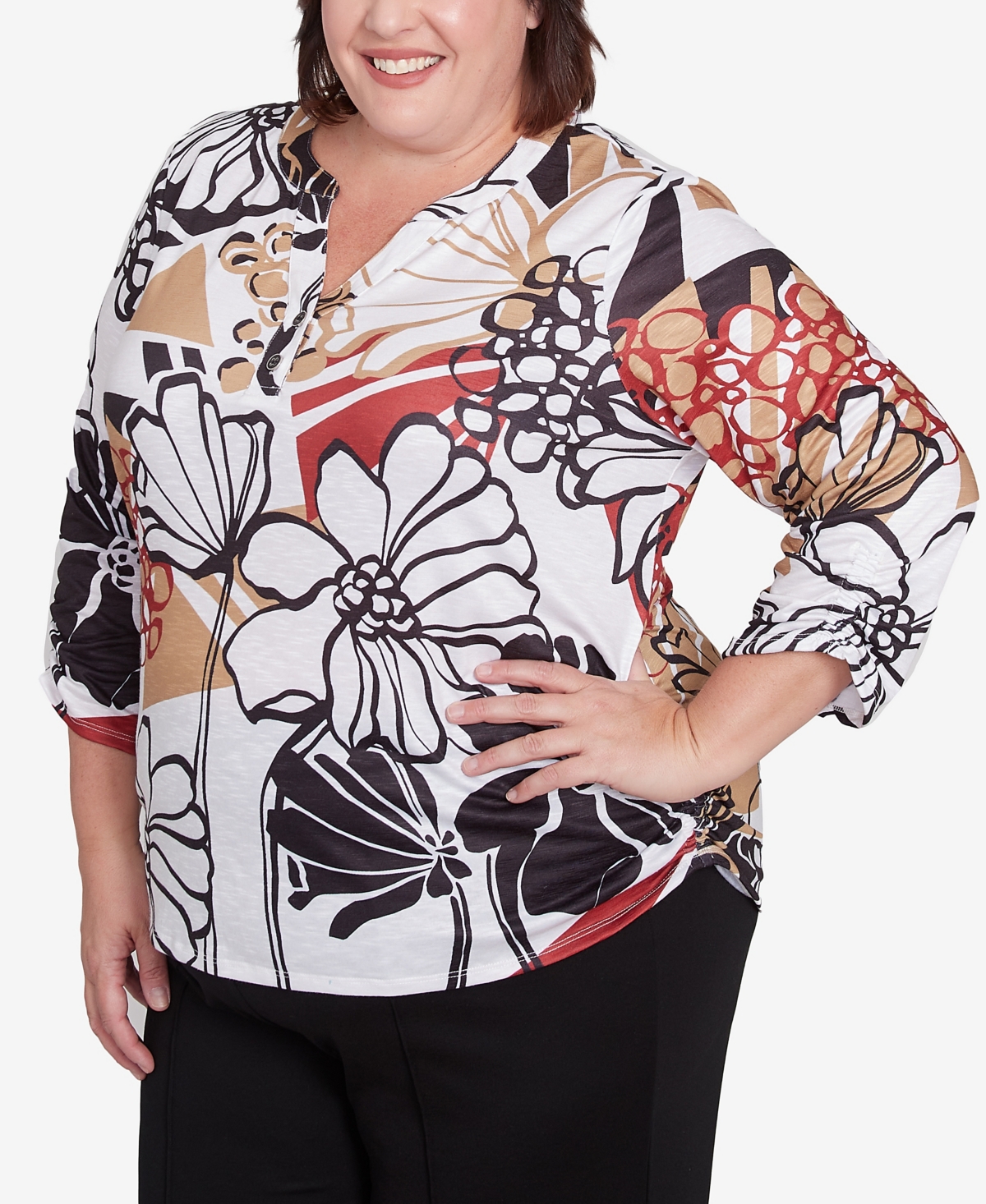 Alfred Dunner Plus Size Natural Instinct Bold Floral Illustrated Henley Top In Multi