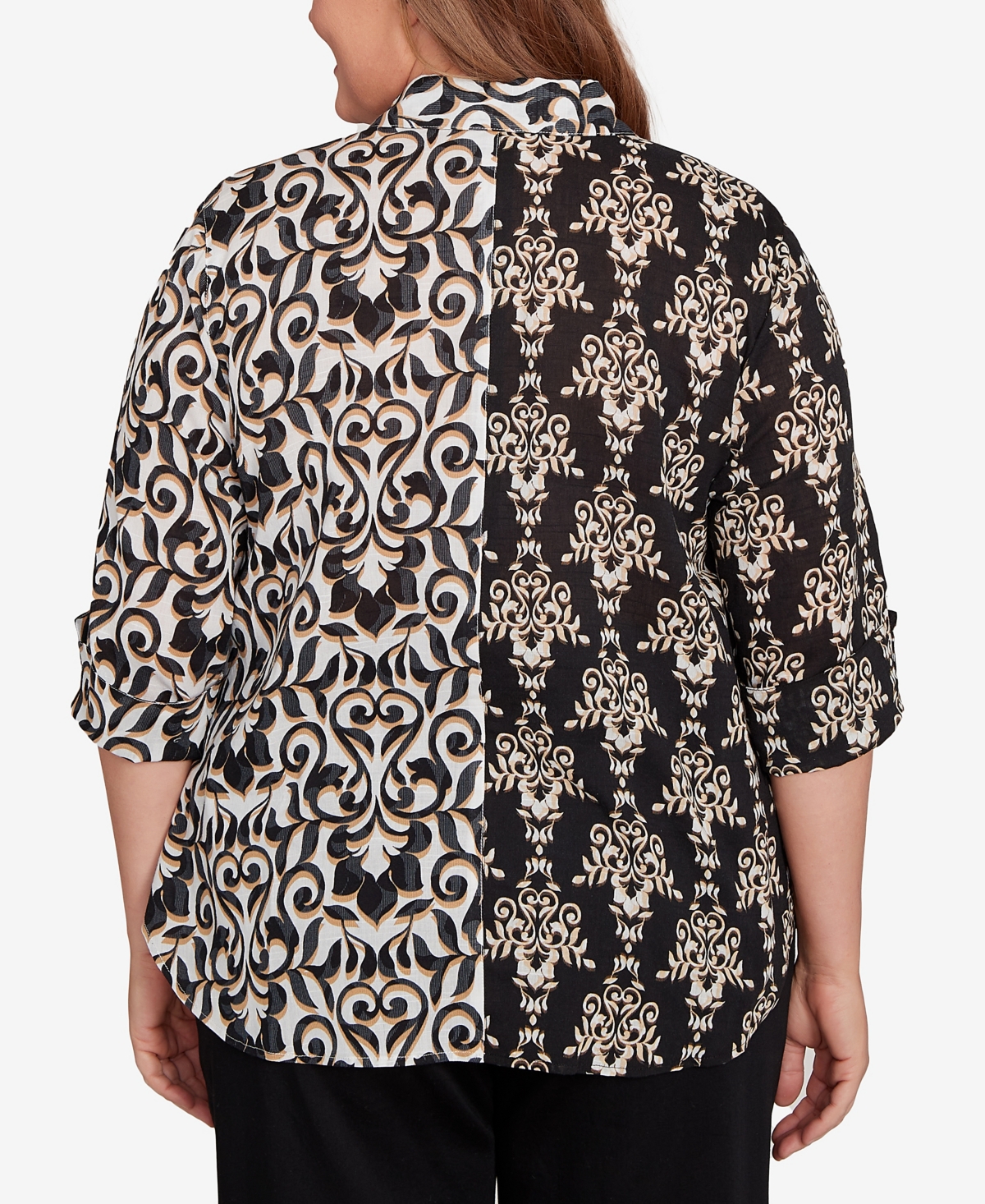Alfred Dunner Plus Size Natural Instinct Medallion Twin Print Button Front Top In Black