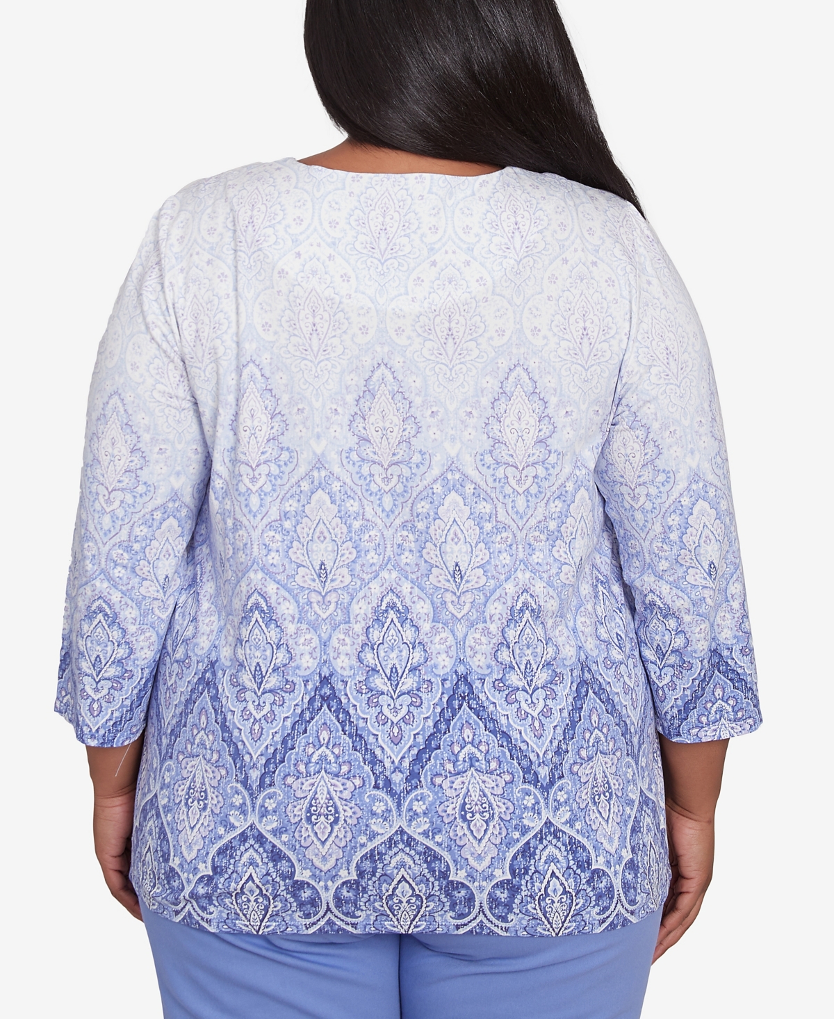 Alfred Dunner Plus Size Santa Fe Ombre Medallion Crew Neck Printed Top In Iris
