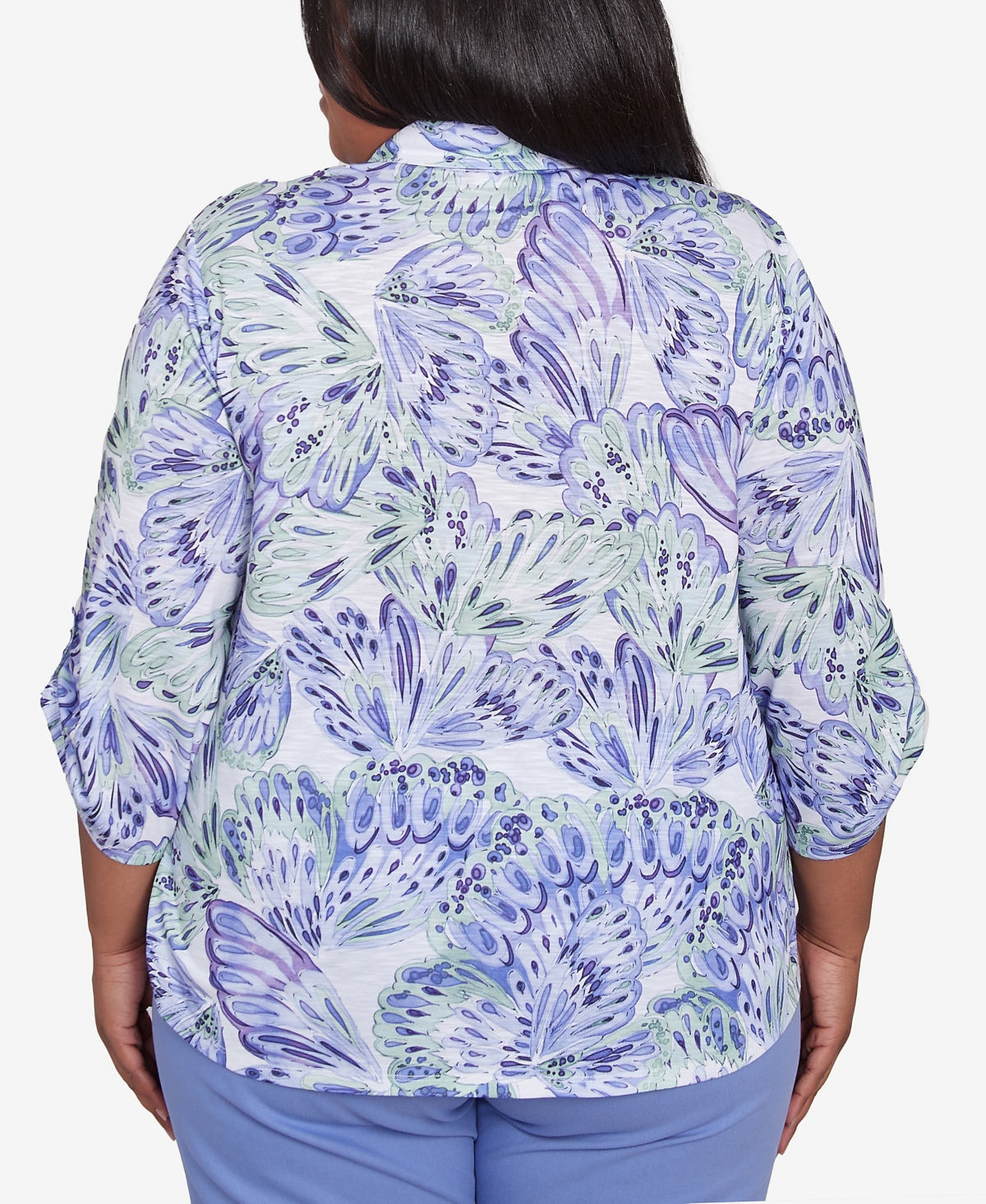 Alfred Dunner Plus Size Santa Fe Abstract Butterfly Collared Button Front Top In Iris Multi
