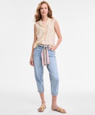 Womens Dobby Sleeveless Popover Top Belted Cropped Straight Leg Denim Jeans