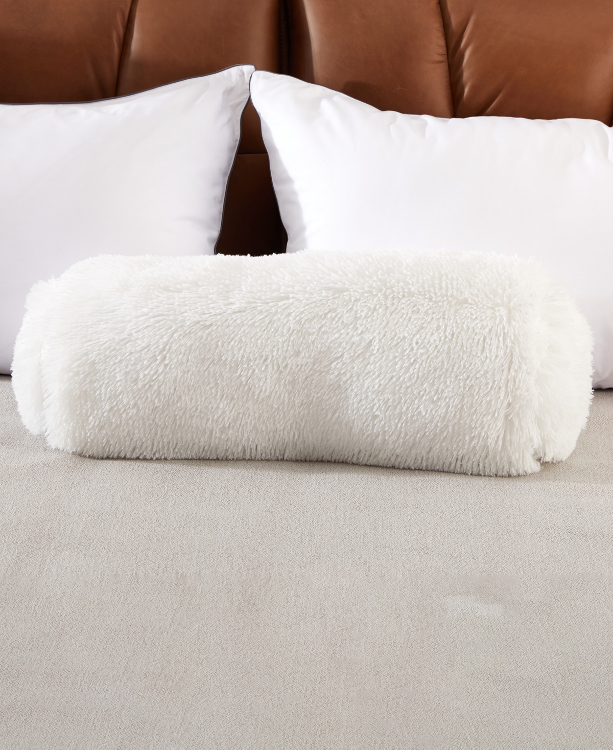 Cheer Collection Shaggy Bolster Decorative Pillow Set, 8" X 24" In White
