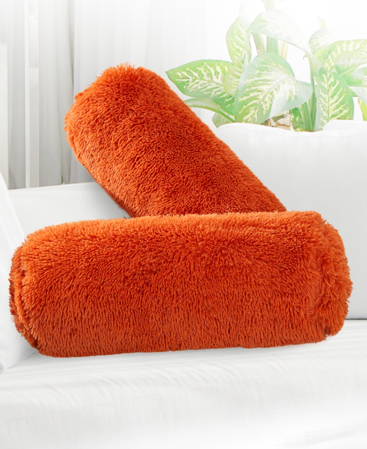 Cheer Collection Shaggy Bolster Decorative Pillow Set, 8" X 24" In Orange