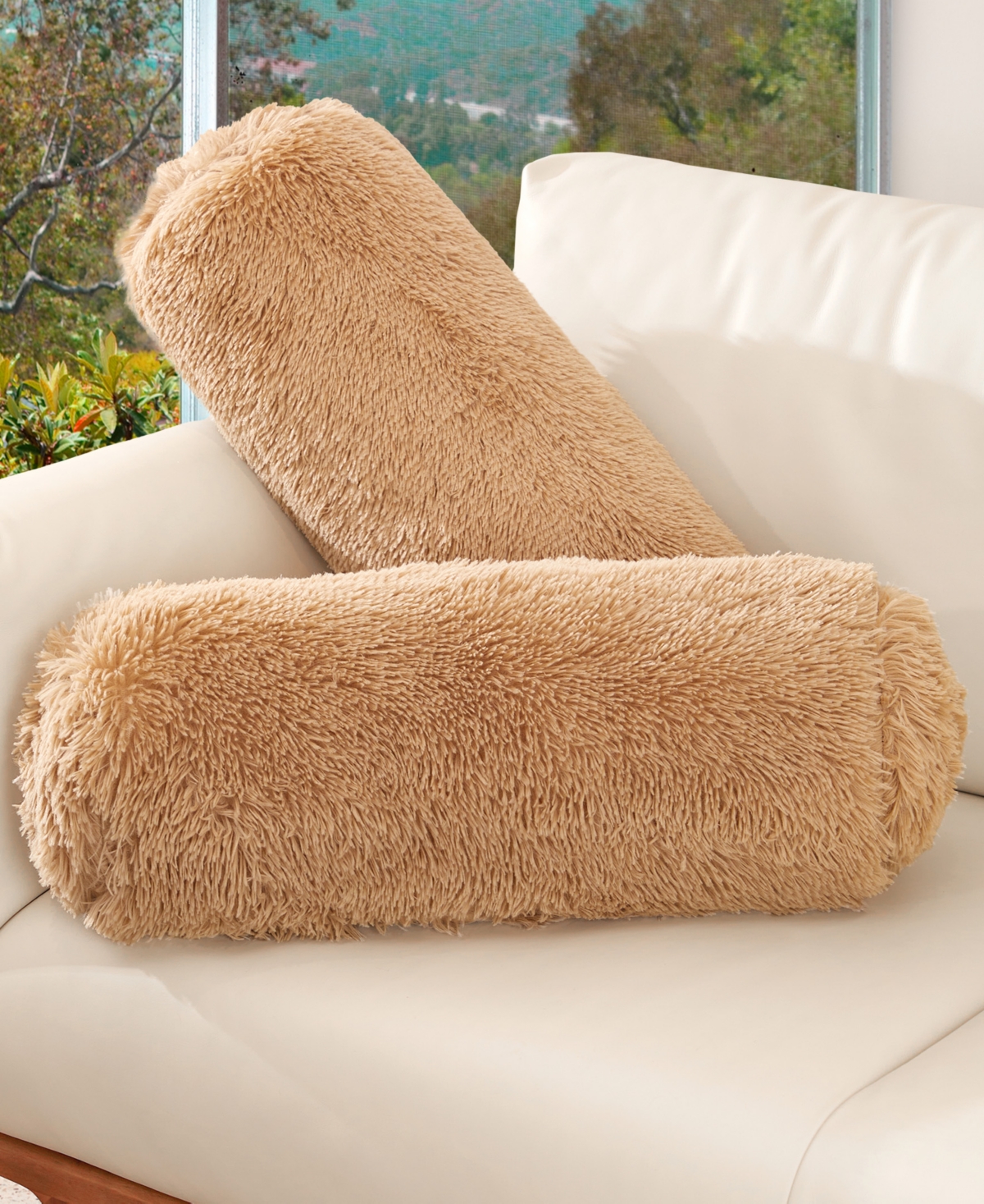 Cheer Collection Shaggy Bolster Decorative Pillow Set, 8" X 24" In Brown