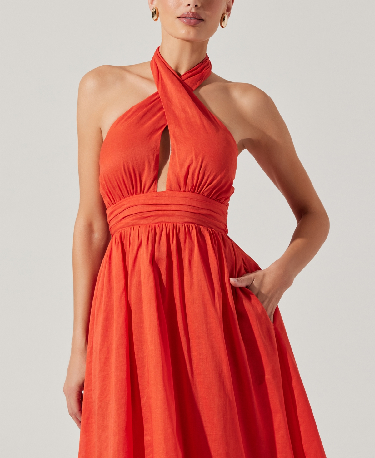 Astr The Label Kalia Halter Neck Linen & Cotton Dress In Orange