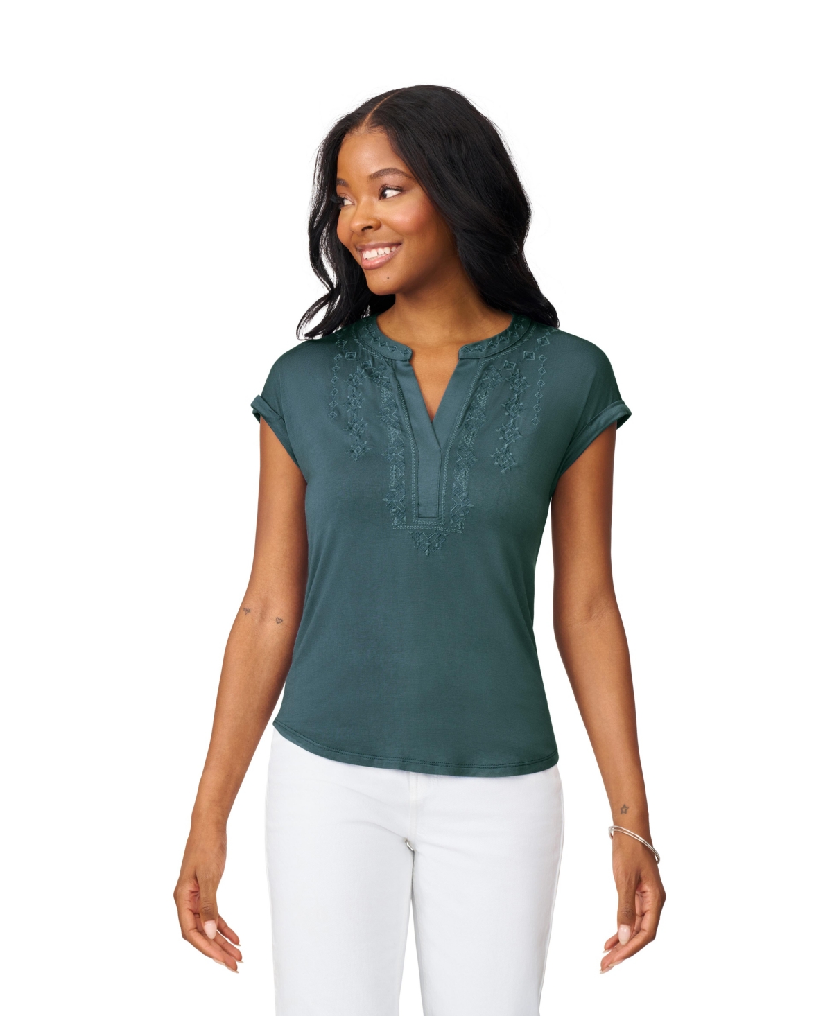 Women's Embroidered Henley Top - Harvest gold